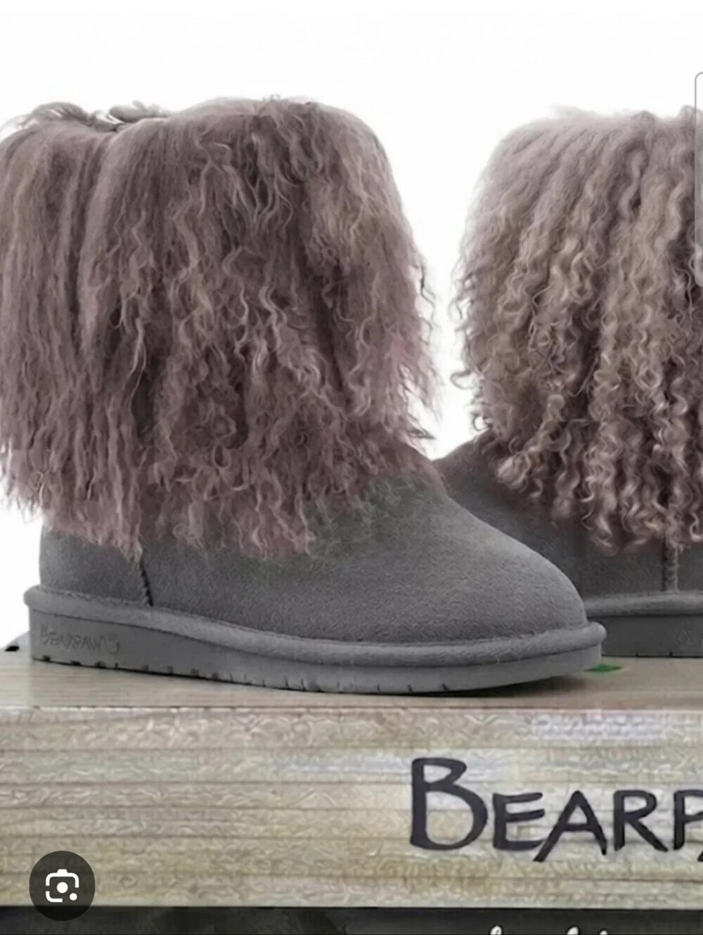 BEARPAW Boo Gray Suede Curly Lamb Fur Boots Women's Size 5 Excellent Condition.